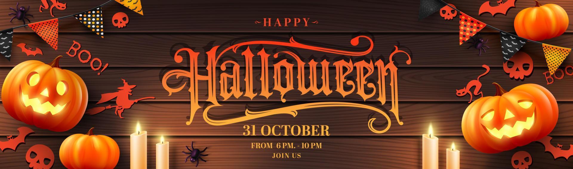 vektor von halloween-poster oder banner mit halloween-kürbis, geist, kerzenlicht, ammern und halloween-elementen. website gruselig, hintergrund oder banner halloween-vorlage.
