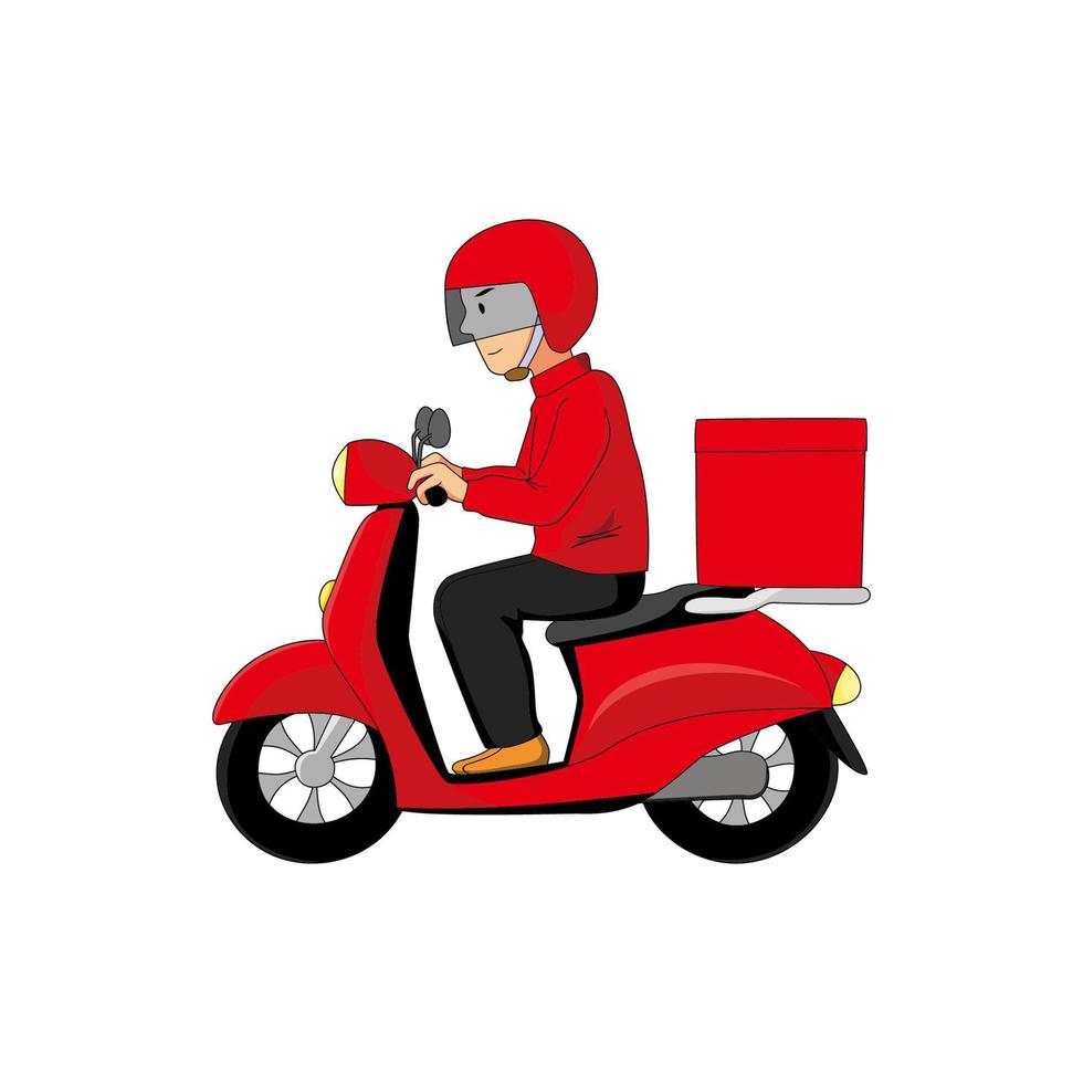 Lieferbote mit rotem Roller. mann antrieb motorrad tragen paket vektorillustration. vektor