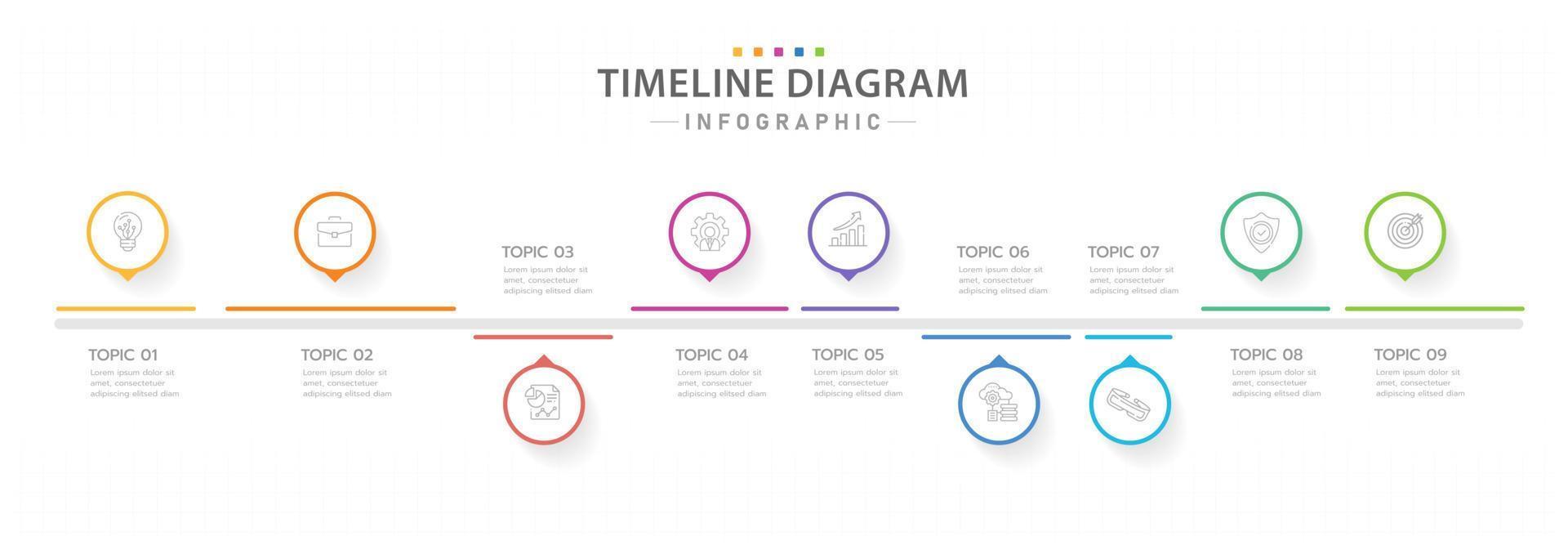 infographic mall för företag. 9 steg modern tidslinjediagram kalender med cirkel ämnen, presentation vektor infographic.