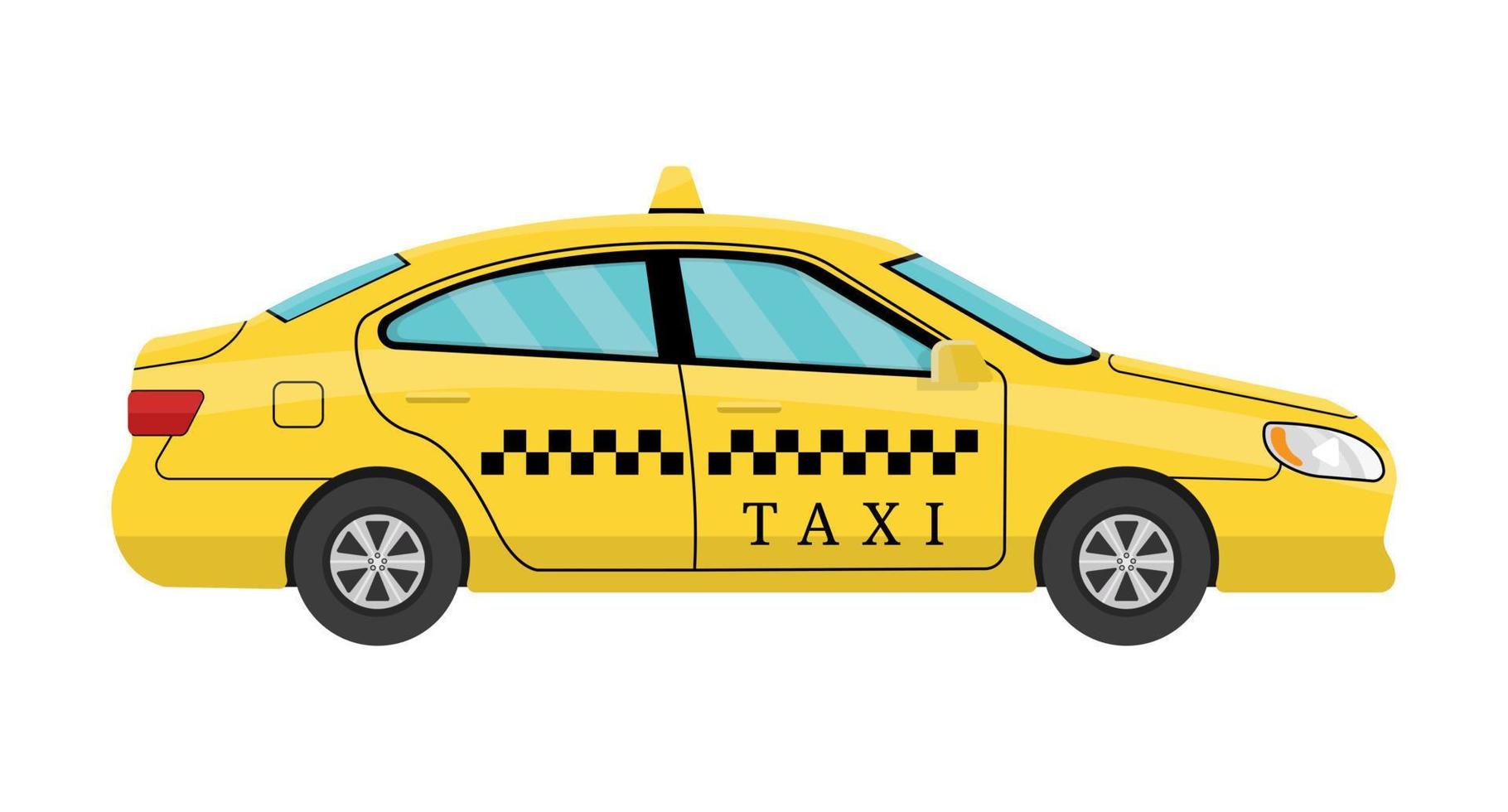 biltaxi i platt stil. vy från sidan. taxi gul bil hytt isolerad på vit bakgrund. för taxiserviceapp, transportföretagsannons, infografik. vektor illustration för din design.