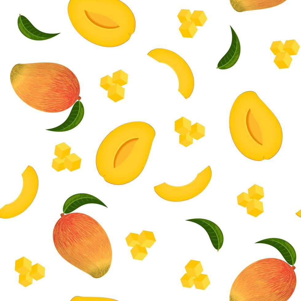 seamless mönster med färska ljusa exotiska hela och skivad mango isolerad på vit bakgrund. sommarfrukter för en hälsosam livsstil. ekologisk frukt. tecknad stil. vektor illustration för någon design.