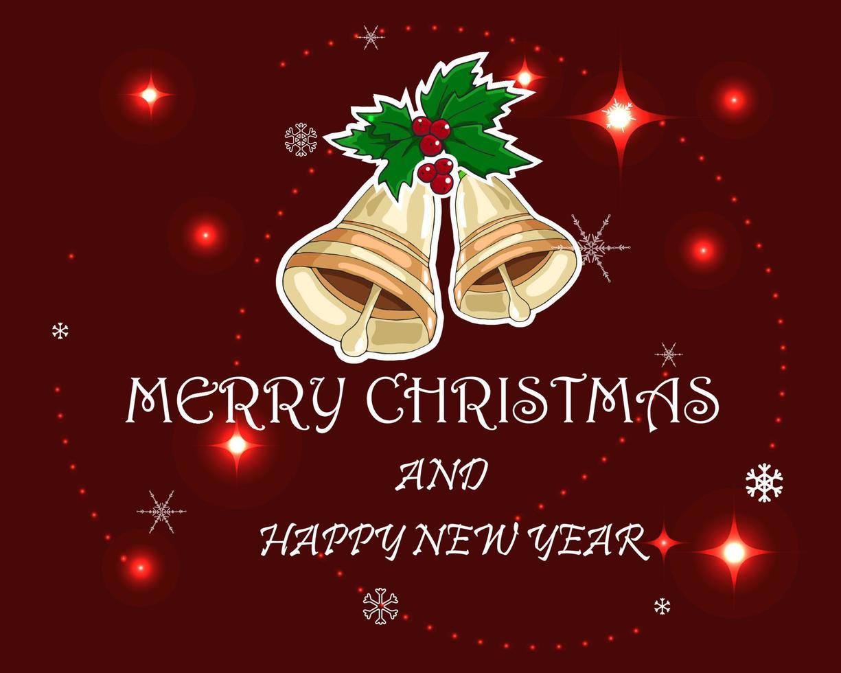 semester nyår och jul vektor kort. gyllene klockor på den djupröda bakgrunden. text god jul och gott nytt år.