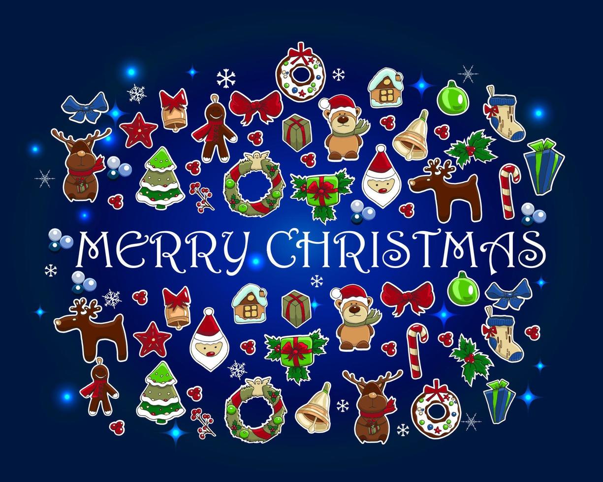 semester nyår och jul vektor kort. söta julkaraktärer på den djupblå bakgrunden. text god jul och gott nytt år.