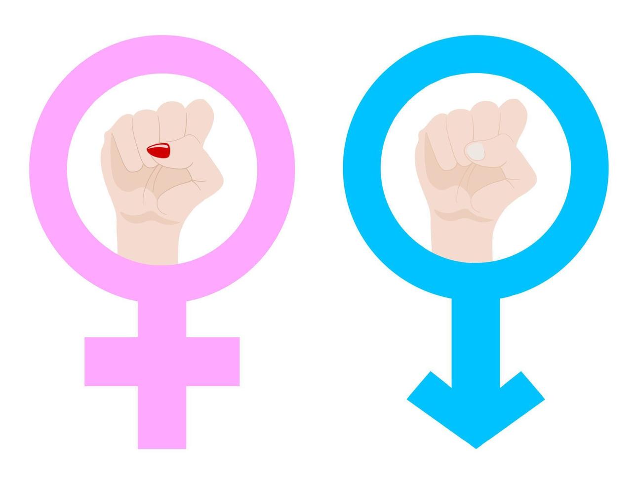 Geschlechtergleichheit. Symbole für Männer und Frauen, Männer und Frauen. blaue und rosafarbene Farben. Fäuste heben. Vektor-Illustration isoliert auf weißem Hintergrund. vektor