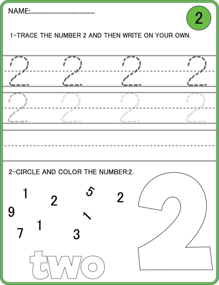 spårningsnummeraktivitet. spåra nummer 2 pedagogiskt barnspel, utskrivbart kalkylblad vektor