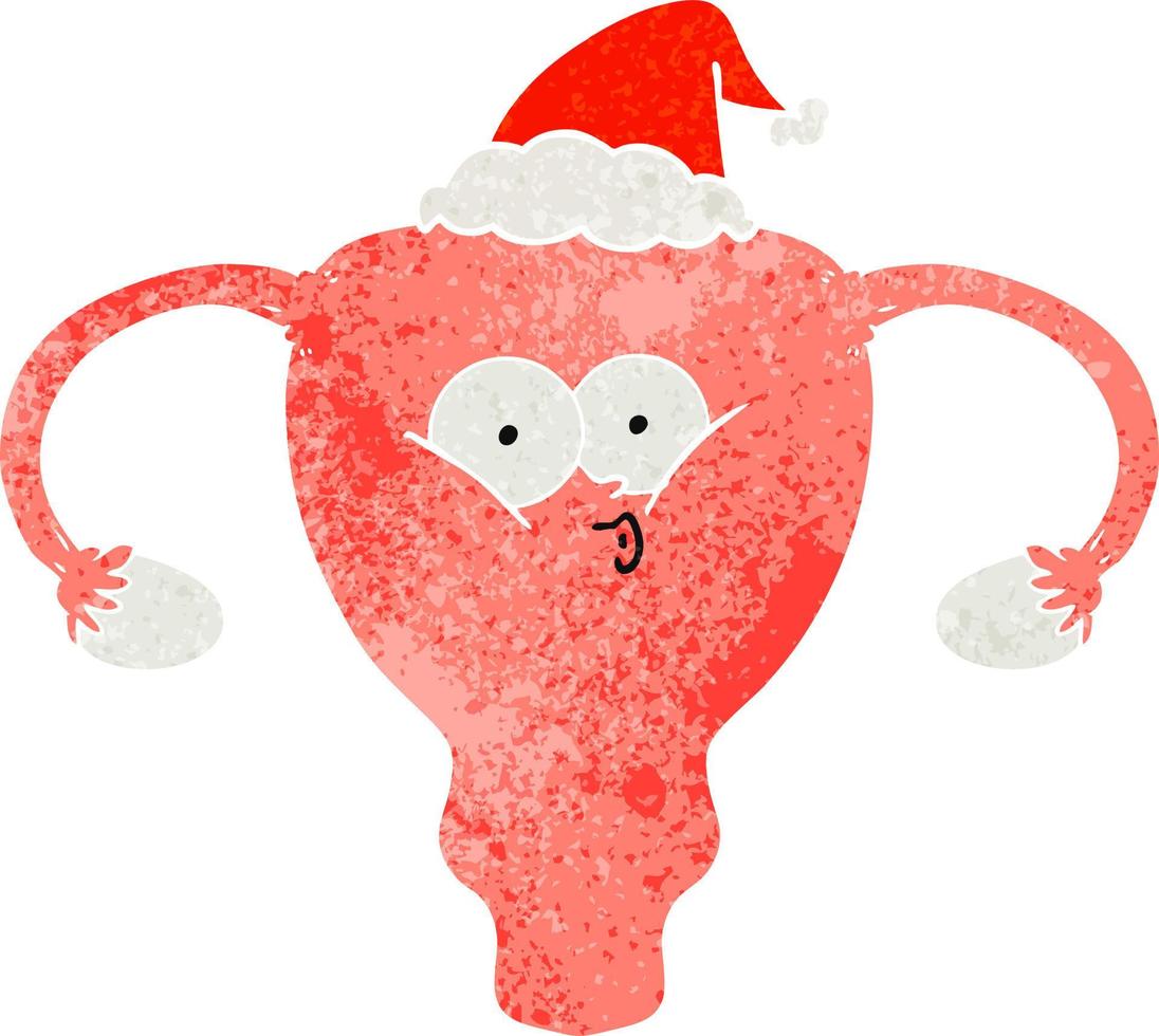 Retro-Karikatur einer Gebärmutter mit Weihnachtsmütze vektor