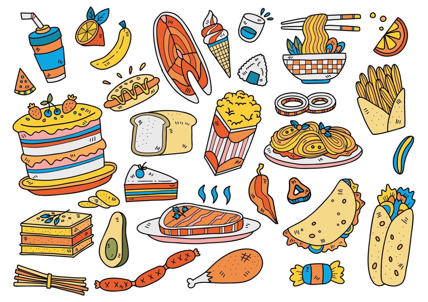 Lebensmittel-Doodle-Objekte Vektor-Illustration für Banner vektor