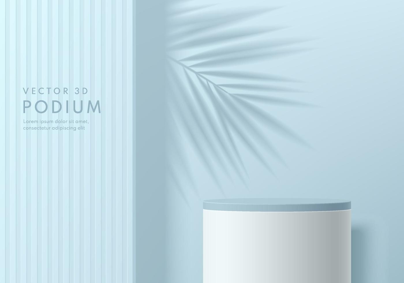 realistisk 3d blå, vit cylinder stativ podium med palmblad skugga overlay bakgrund. vektor abstrakt med geometrisk form design. minimal väggscen för visning av mockupprodukter. scen för showcase.