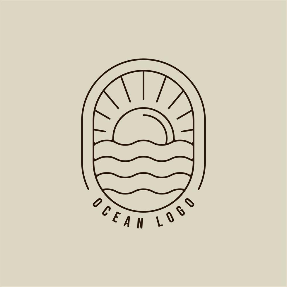 Ozeanwellen Linie Kunst Logo Vektor einfache minimalistische Illustration Vorlage Symbol Grafikdesign. Meereswelle mit Sonnenuntergangszeichen oder Symbol für Reiseunternehmen mit Typografie und Abzeichen