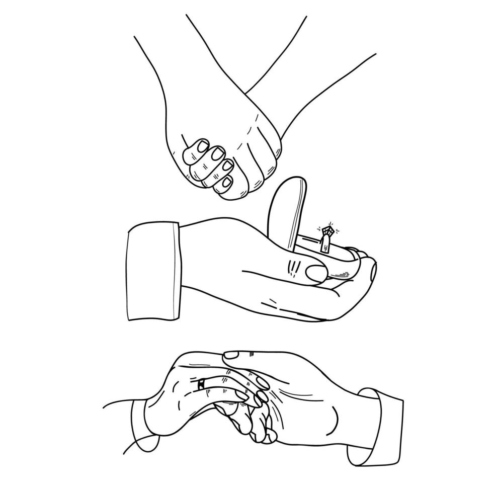 uppsättning av man att sätta förlovningsring på kvinna hand, utomhus. frieri. doodle grafisk vektorillustration. linjekonst, skiss. bröllopsring. hand rita vektorillustration. vektor illustration