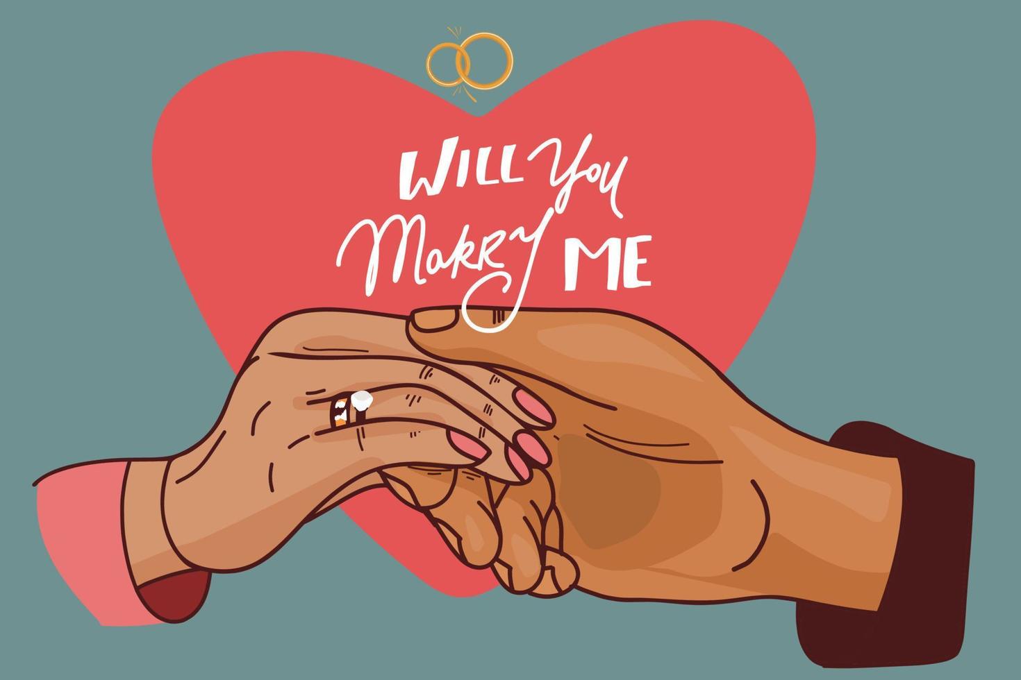 Vill du gifta dig med mig. äktenskapsförslag vektorillustration med vigselring och manlig hand. hjärtan. vektor illustration