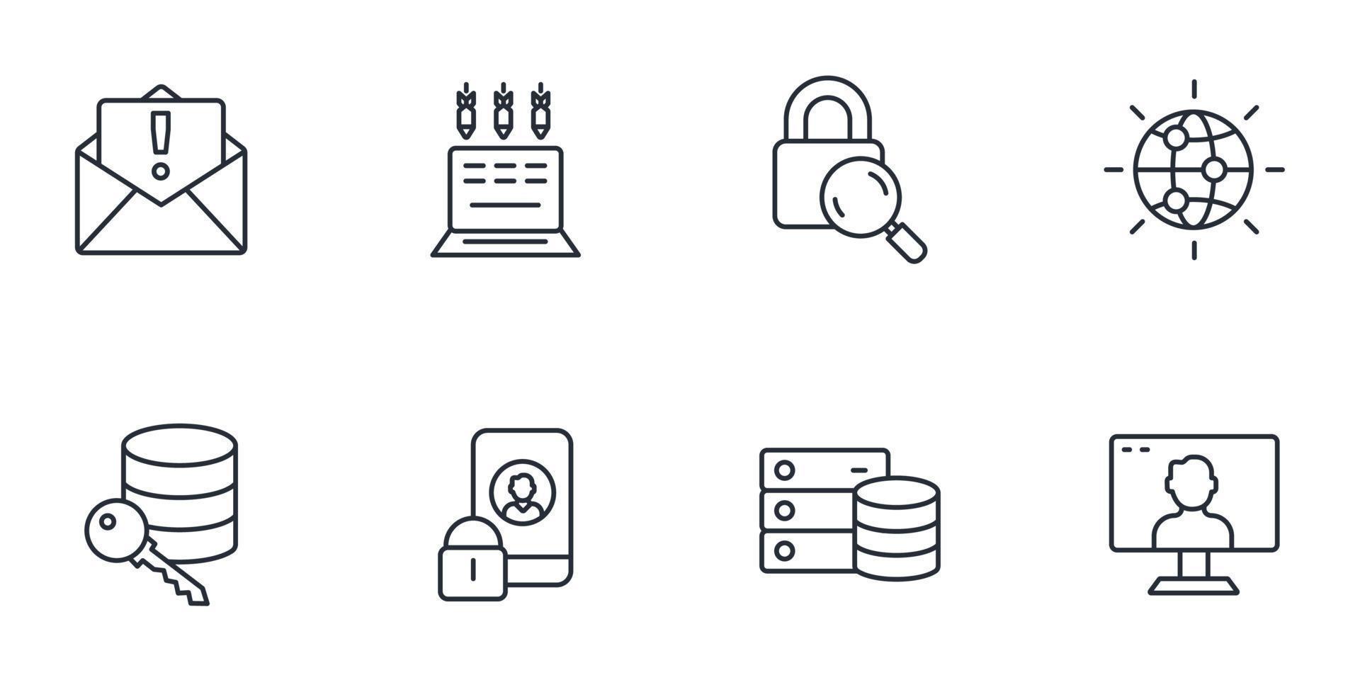 Symbole für Cybersicherheit festgelegt. Symbolvektorelemente für Cybersicherheitspakete für das Infografik-Web vektor