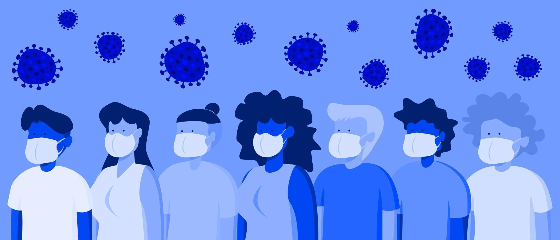 illustrationen flaches design einer gruppe von menschen, die medizinische masken tragen, um krankheiten vorzubeugen vektor