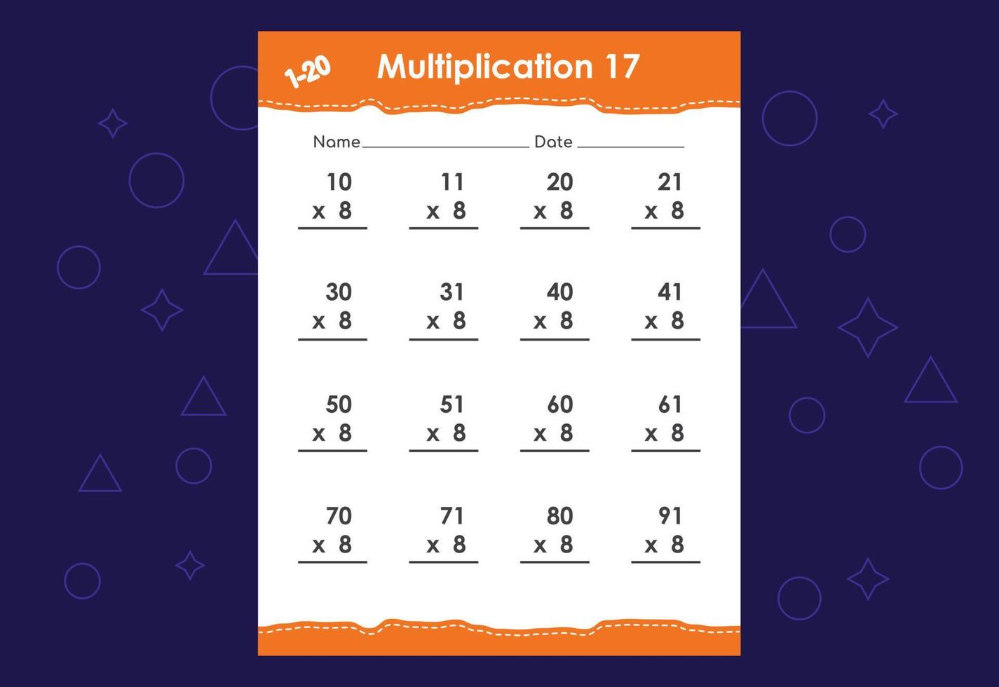 grundläggande matematisk multiplikation för barn. ett pedagogiskt arbetsblad för barn. vektor design