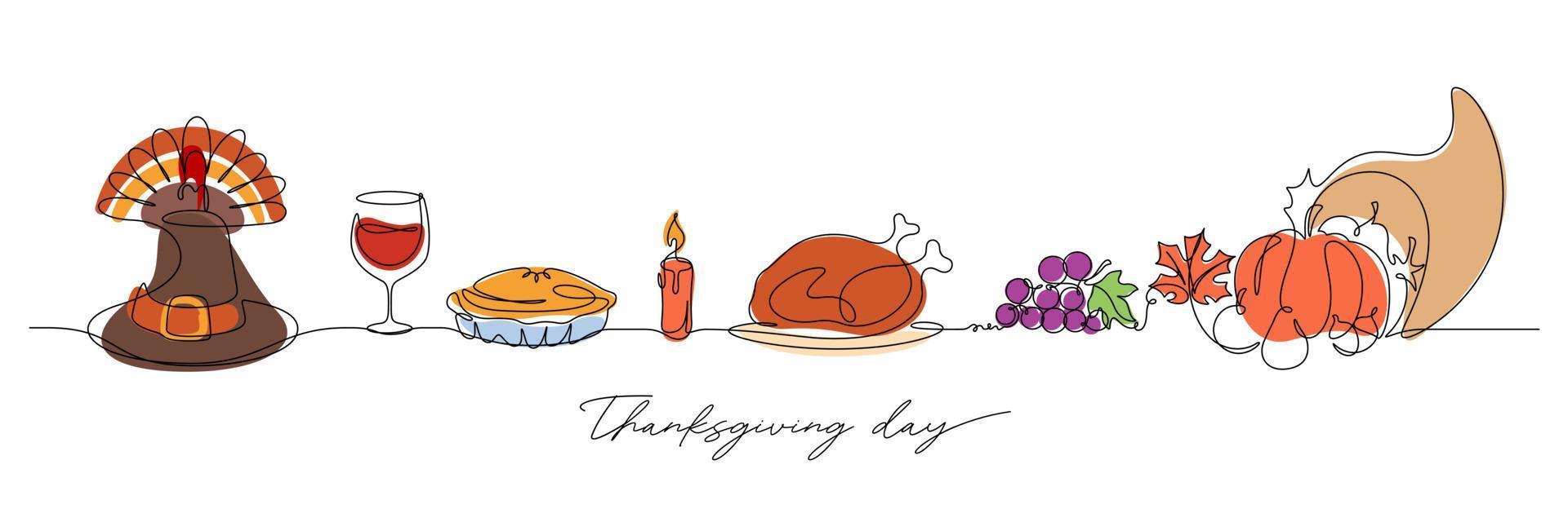 kontinuerlig linjeritning av Thanksgiving firande tabellen vektorillustration vektor