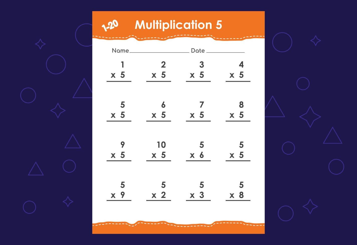 Grundlegende mathematische Multiplikation für Kinder. ein pädagogisches Arbeitsblatt für Kinder. Vektordesign vektor