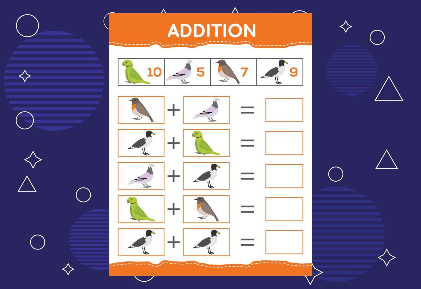 Ergänzung mit verschiedenen Vögeln für Kinder. ein pädagogisches Arbeitsblatt für Kinder. Vektordesign vektor