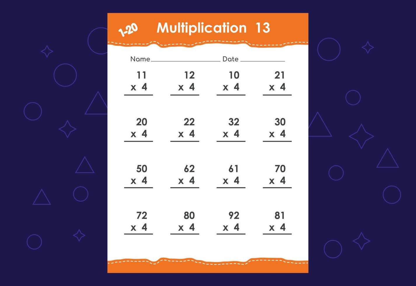 Grundlegende mathematische Multiplikation für Kinder. ein pädagogisches Arbeitsblatt für Kinder. Vektordesign vektor