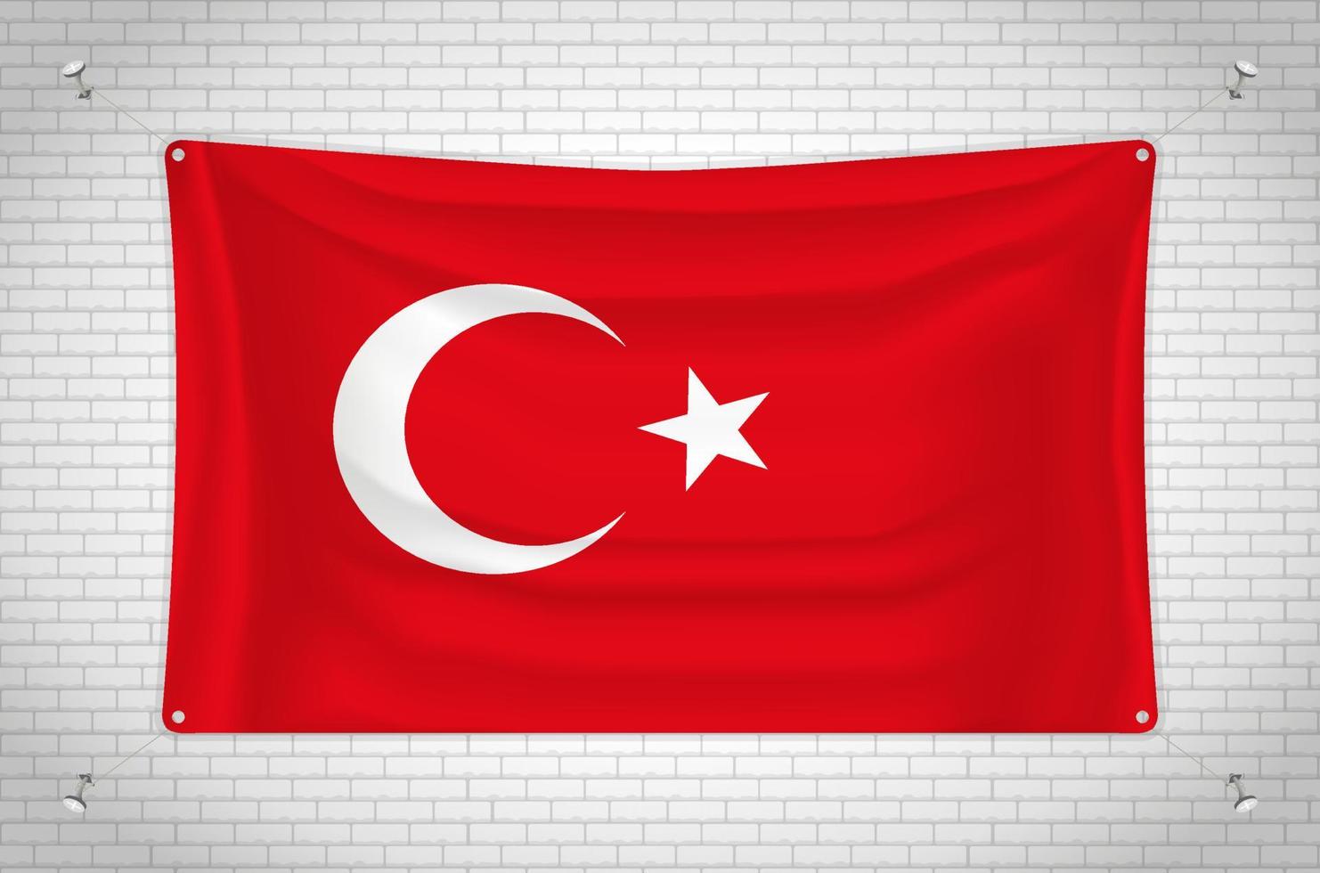 türkei-flagge, die an der mauer hängt. 3D-Zeichnung. Flagge an der Wand befestigt. Ordentliches Zeichnen in Gruppen auf separaten Ebenen für eine einfache Bearbeitung. vektor