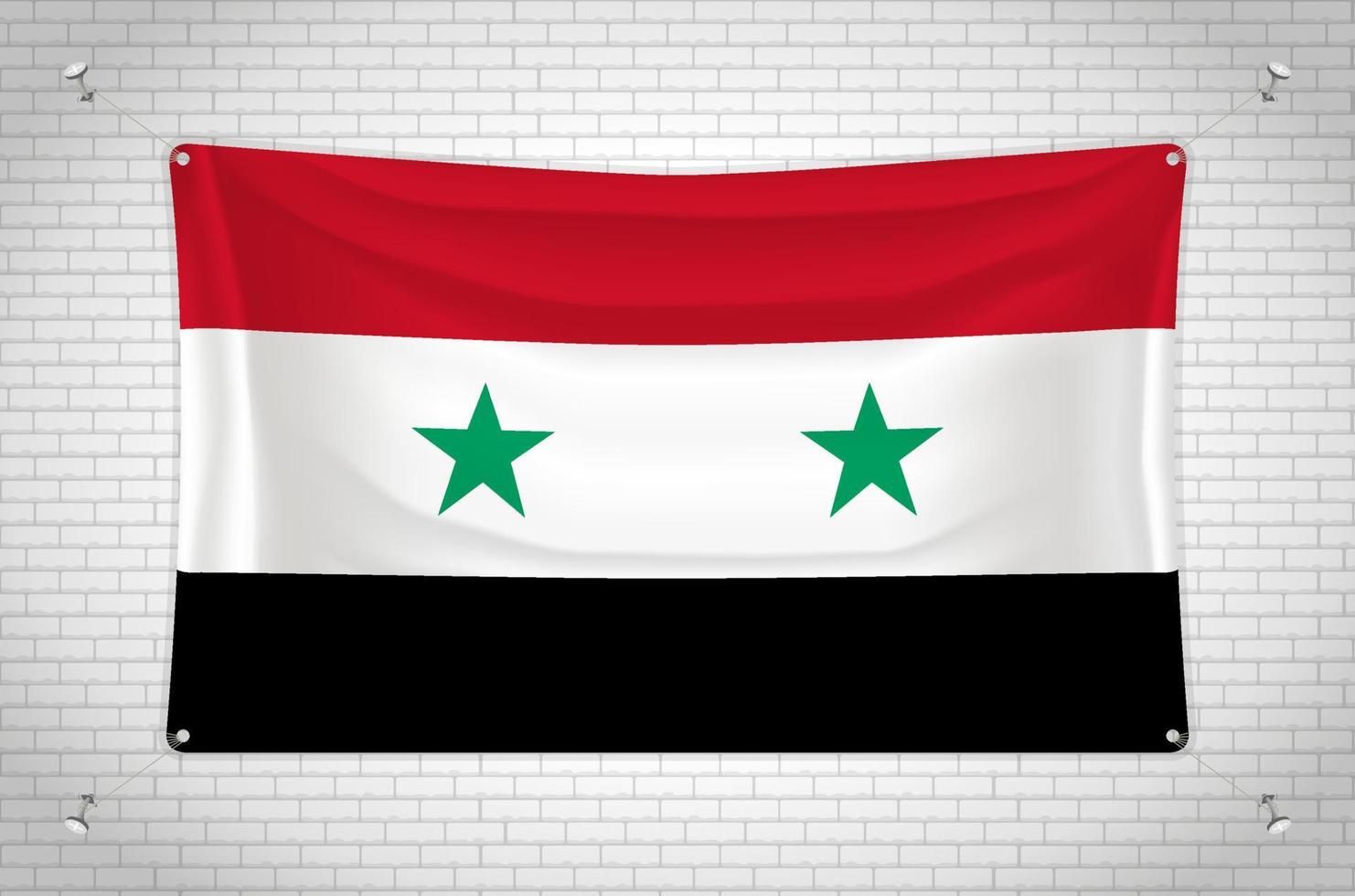 syrische flagge, die an der mauer hängt. 3D-Zeichnung. Flagge an der Wand befestigt. Ordentliches Zeichnen in Gruppen auf separaten Ebenen für eine einfache Bearbeitung. vektor