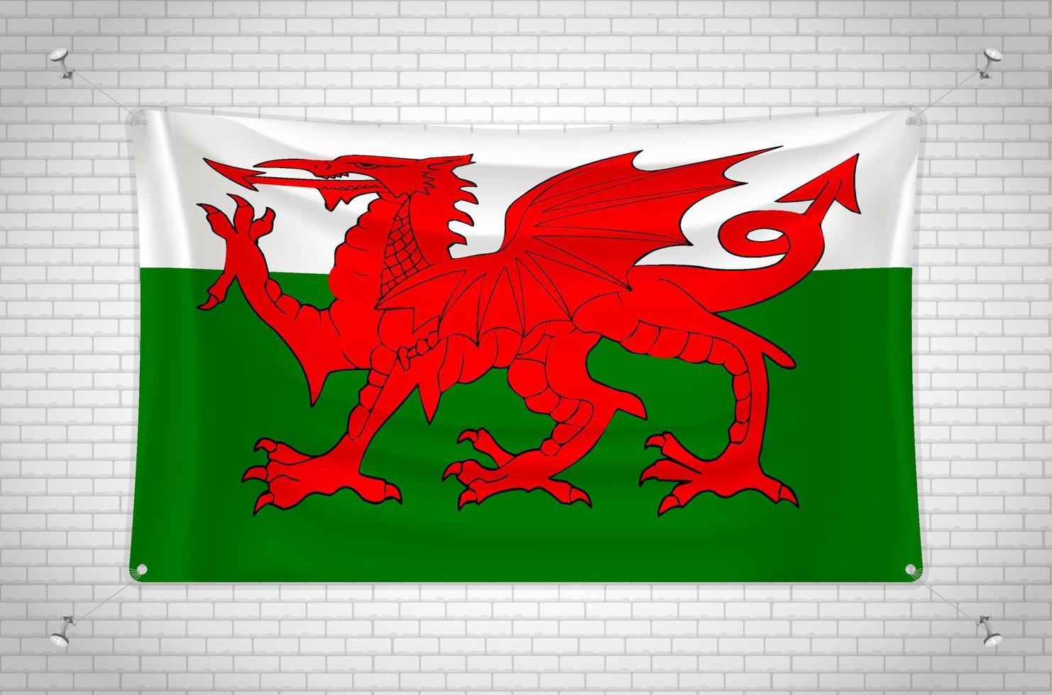 wales-flagge, die an der mauer hängt. 3D-Zeichnung. Flagge an der Wand befestigt. Ordentliches Zeichnen in Gruppen auf separaten Ebenen für eine einfache Bearbeitung. vektor