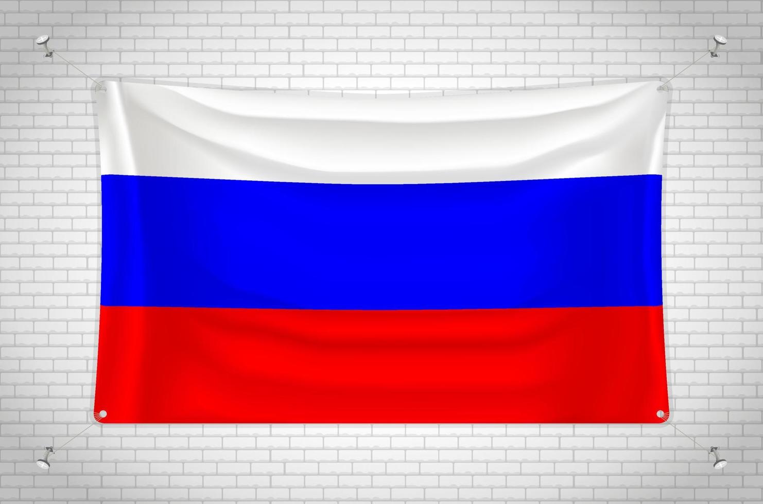 Russland-Flagge hängt an der Ziegelwand. 3D-Zeichnung. Flagge an der Wand befestigt. Ordentliches Zeichnen in Gruppen auf separaten Ebenen für eine einfache Bearbeitung. vektor