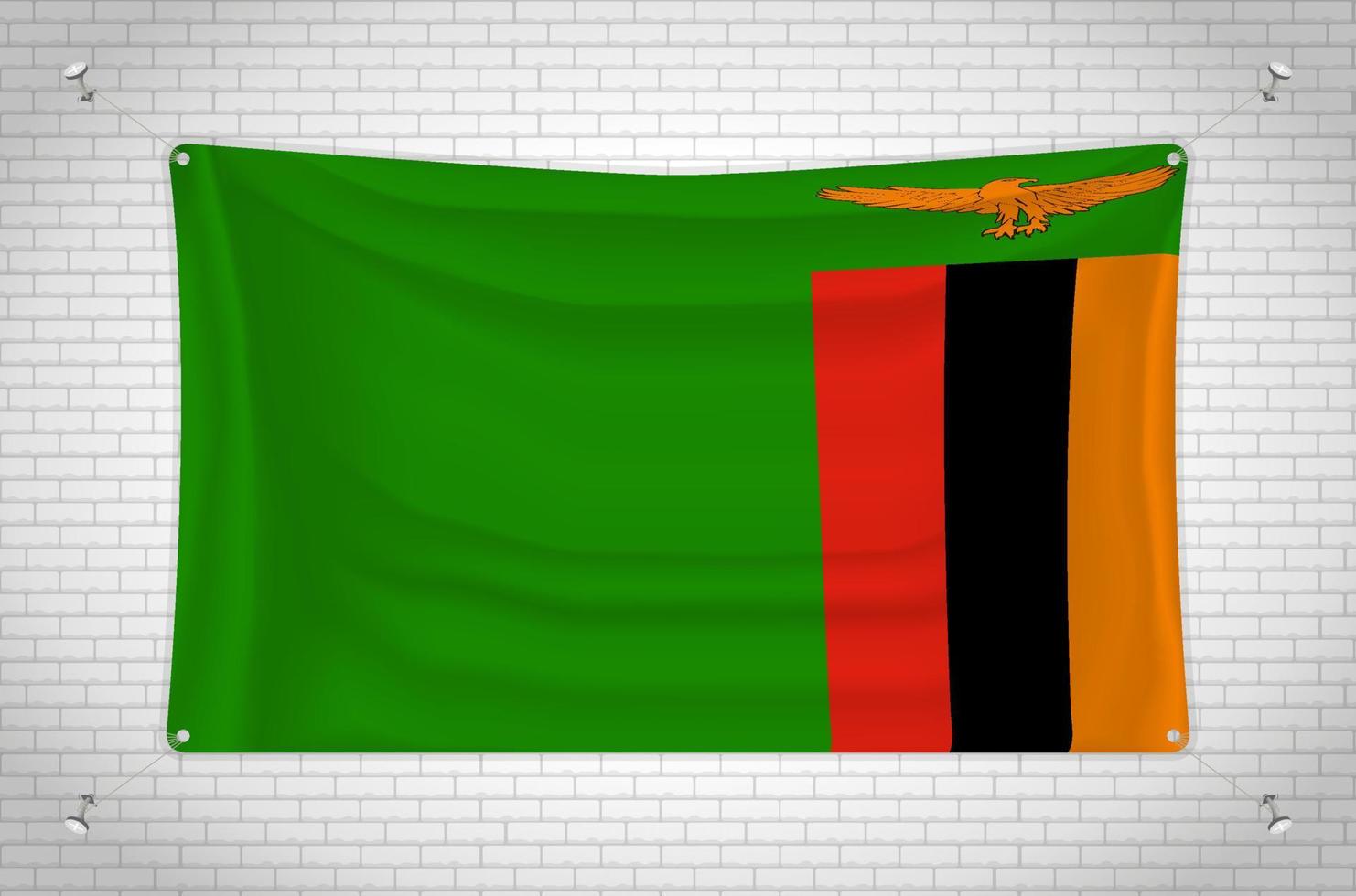 Sambia-Flagge hängt an der Ziegelwand. 3D-Zeichnung. Flagge an der Wand befestigt. Ordentliches Zeichnen in Gruppen auf separaten Ebenen für eine einfache Bearbeitung. vektor