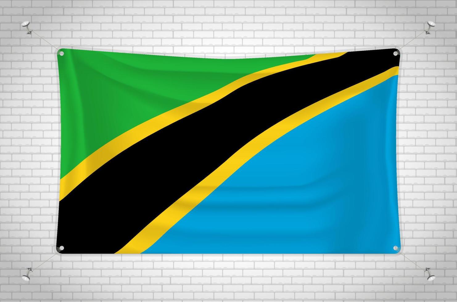 tansania-flagge, die an der mauer hängt. 3D-Zeichnung. Flagge an der Wand befestigt. Ordentliches Zeichnen in Gruppen auf separaten Ebenen für eine einfache Bearbeitung. vektor
