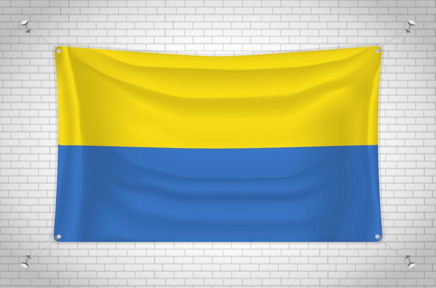 ukraine-flagge, die an der mauer hängt. 3D-Zeichnung. Fahne an der Wand befestigt. Ordentliches Zeichnen in Gruppen auf separaten Ebenen für eine einfache Bearbeitung. vektor