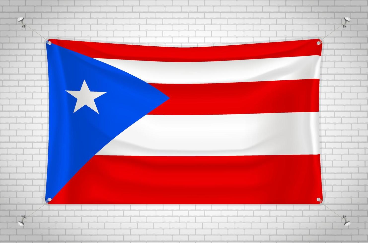 puerto rico flagga hängande på tegelvägg. 3d ritning. flagga fäst på väggen. rita snyggt i grupper på separata lager för enkel redigering. vektor