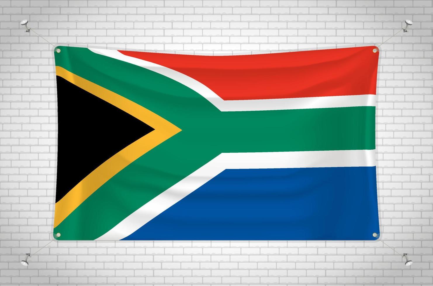 südafrika-flagge, die an der mauer hängt. 3D-Zeichnung. Flagge an der Wand befestigt. Ordentliches Zeichnen in Gruppen auf separaten Ebenen für eine einfache Bearbeitung. vektor