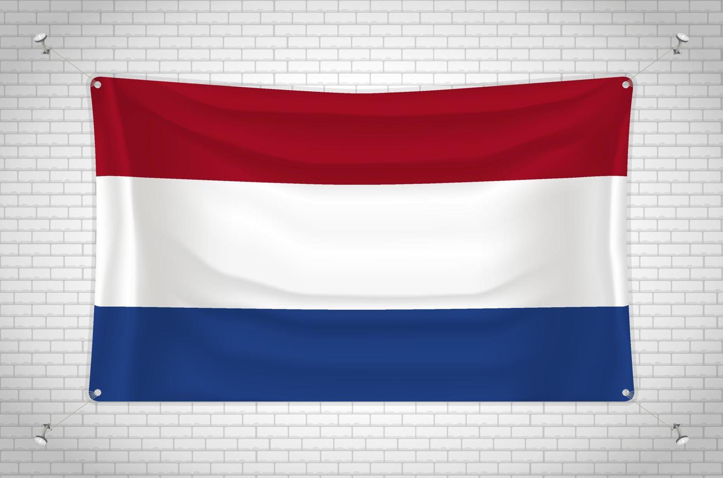 nederländska flaggan hängande på tegelvägg. 3d ritning. flagga fäst på väggen. rita snyggt i grupper på separata lager för enkel redigering. vektor