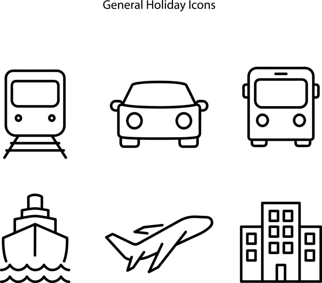 semesterikoner set, inkluderade ikoner som tåg, bil, buss, fartyg, plan och hotell, semesterikoner som trendiga för webb, app, ui. vektor