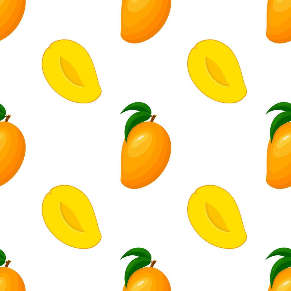 seamless mönster med färska ljusa exotiska hel och halv mango isolerad på vit bakgrund. sommarfrukter för en hälsosam livsstil. ekologisk frukt. tecknad stil. vektor illustration för någon design.