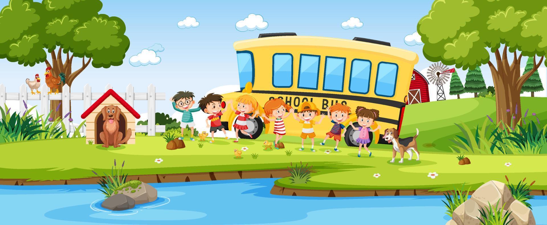 barn och skolbuss i utomhusbakgrund vektor