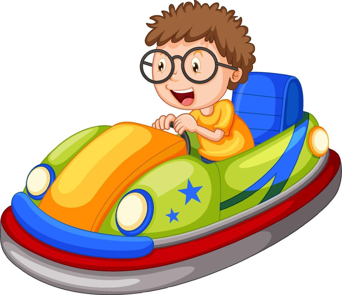 liten pojke kör stötfångare bil i tecknad design vektor