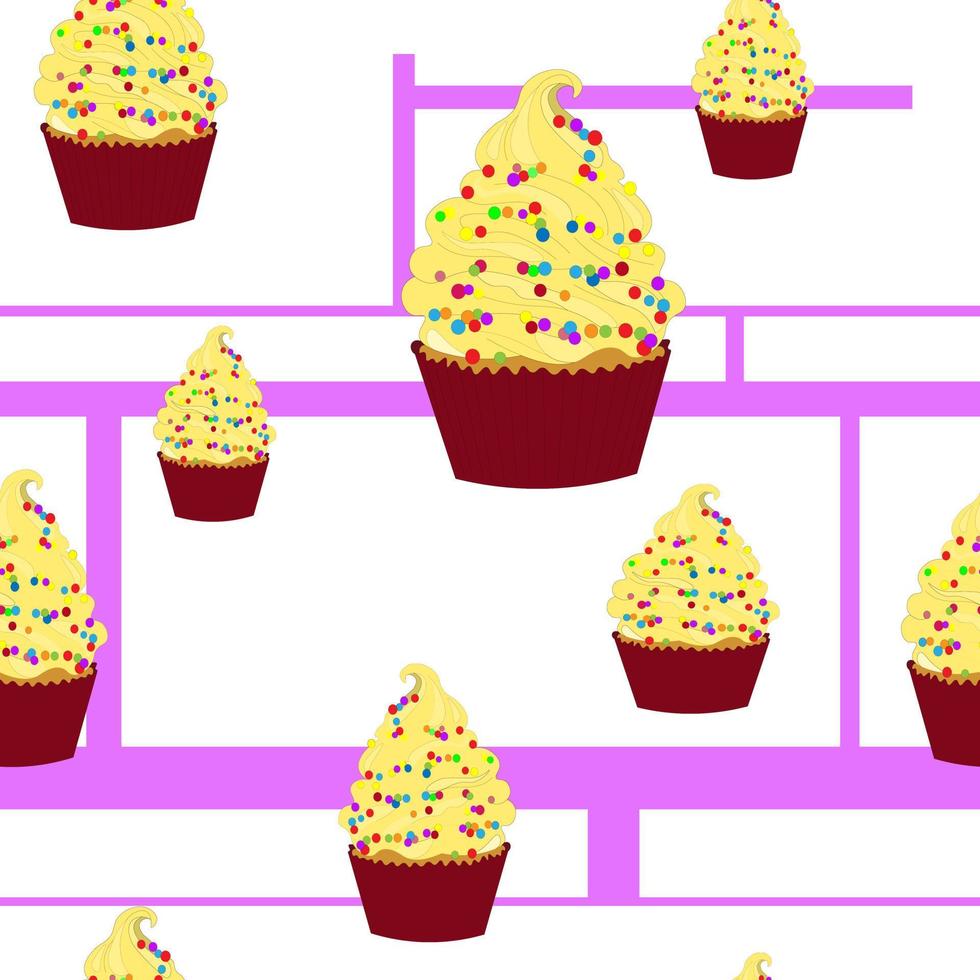 nahtloses gestreiftes muster von cupcakes, verziert mit schlagsahne und süßwarenstreuseln, bunten kugeln. Süßigkeitentag, Cupcake-Tag. süßer Nachtisch. zum Einwickeln, Verpacken, Menü, Blog. vektor