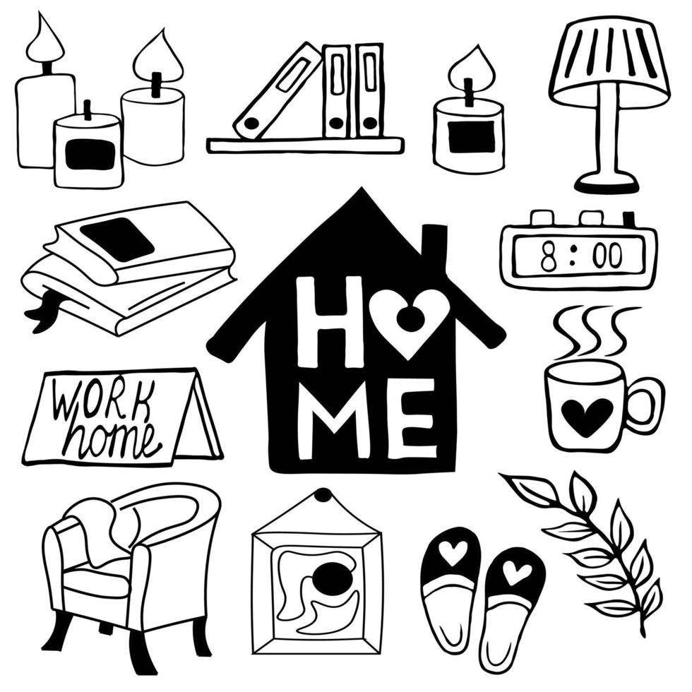 Reihe von Vektor-Doodles. home elements - cosy home - uhren, bücher, kerzen, tasse kakao, arbeit von zu hause aus. Schutz vor einer Pandemie. positive doodle-symbole unter quarantäne stellen. Bleib zuhause. vektor