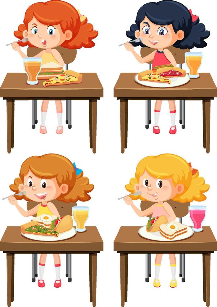 Verschiedene Mädchen essen gerne Essensset vektor