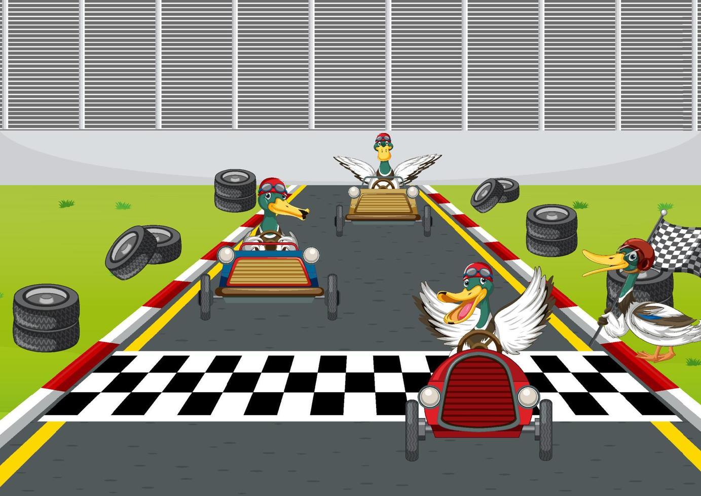Seifenkisten-Derby-Rennen mit Enten-Zeichentrickfigur vektor