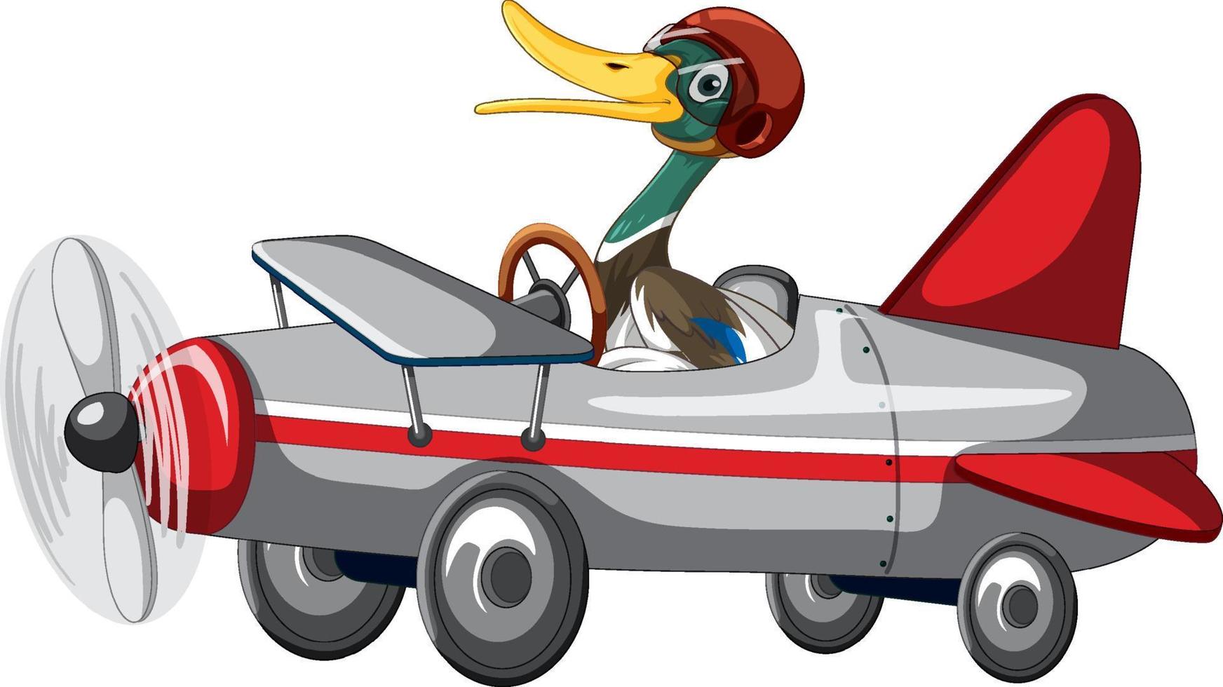 süße ente mit helm, der rennwagen fährt vektor