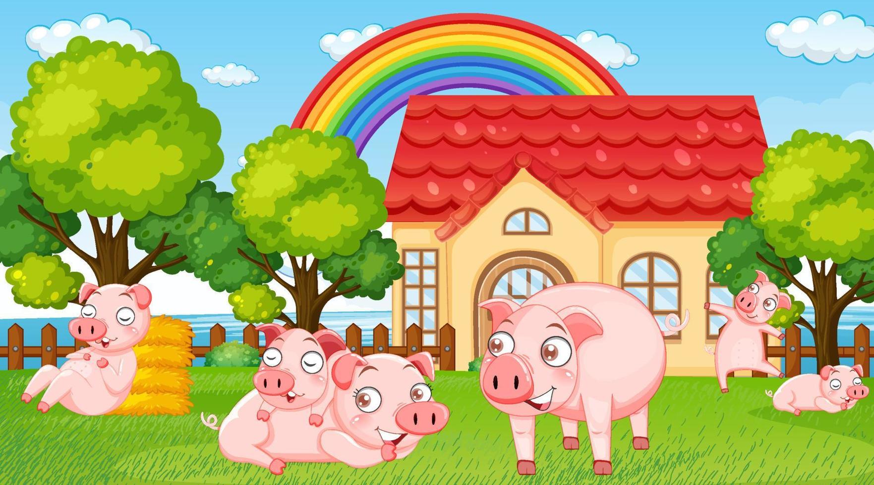 Hausszene mit vielen Schweinen im Hof vektor
