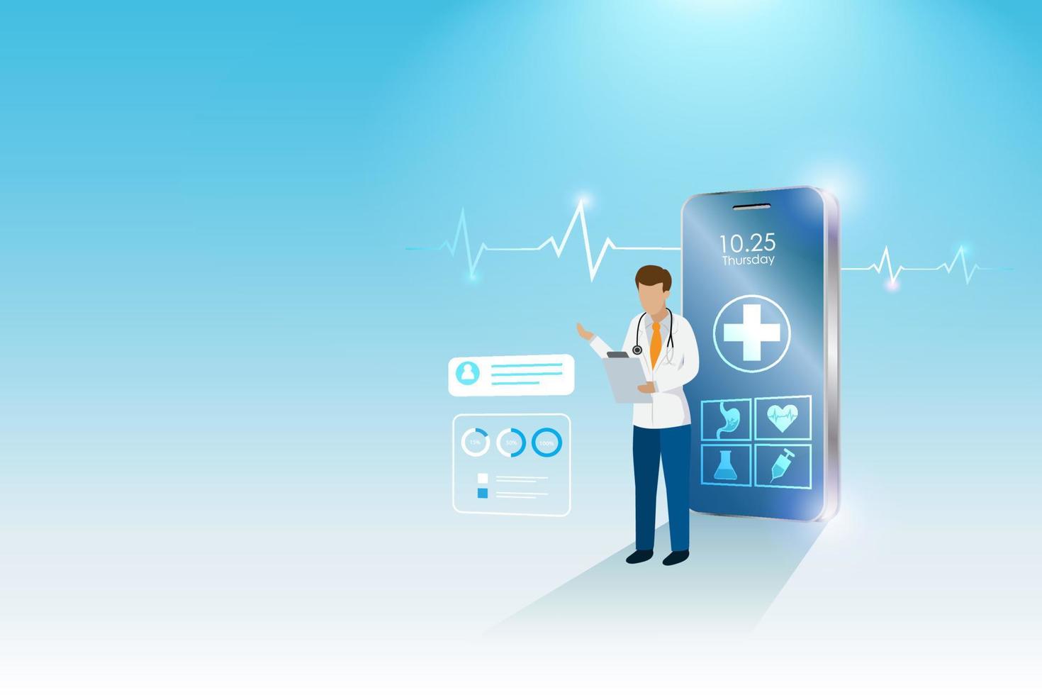 virtuell läkare, onlinesjukhus, onlinekonsultation. läkare på smartphone diagnos patientens hälsoproblem. medicinsk service och sjukvårdsinnovationsteknologikoncept. vektor