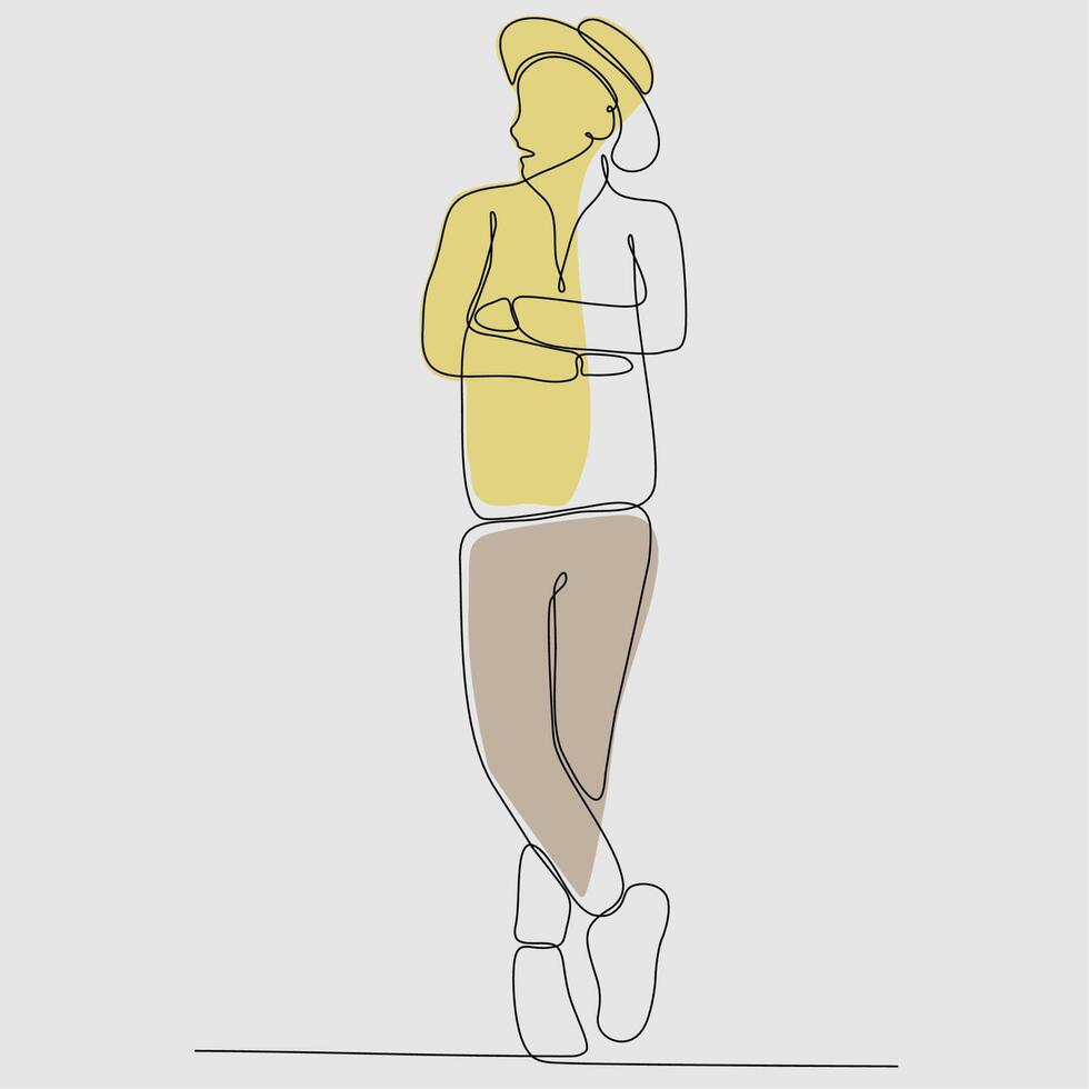 en kontinuerlig ritning linje porträtt av en ung man i en hatt, keps, baseball keps. .single handritad konst linje doodle kontur isolerade minimal illustration seriefigur platt vektor