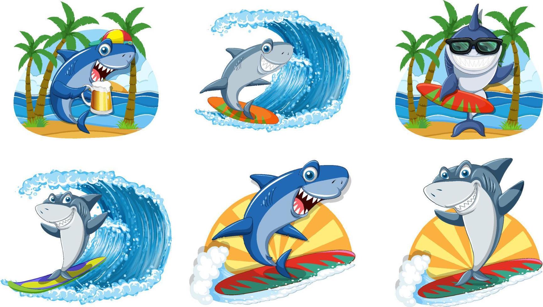 olika hajar på sommarstranden vektor