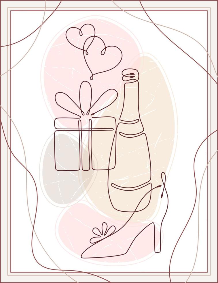 bröllopsaffisch med en rad hjärtan, flaska champagne, present, bröllopssko,  abstrakta texturerade pastellformer. minimal väggkonst. linjekonstteckning.  konstdesign för bröllopsdekoration. 10519365 Vektorkonst på Vecteezy