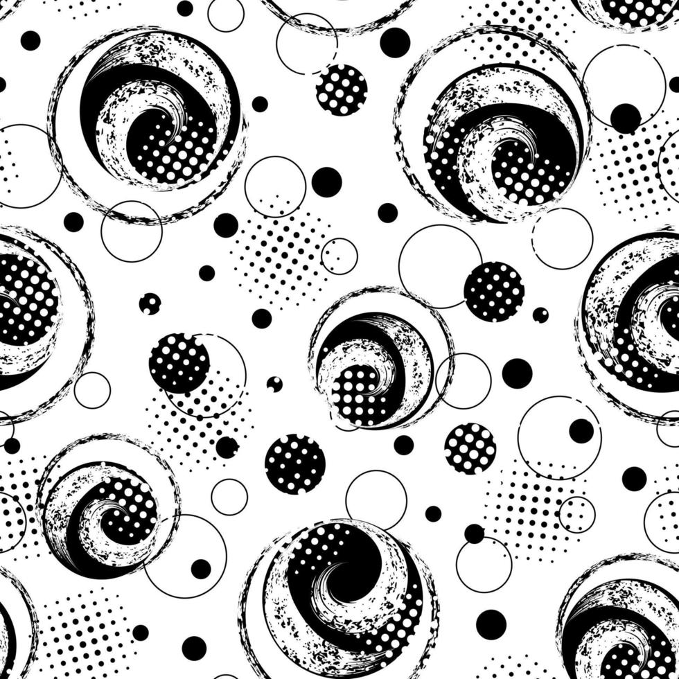 abstrakt sömlösa mönster med rund grunge penseldrag. svarta cirklar på vit bakgrund. modern grunge textur med halvton. perfekt för sportkläder, sportartiklar vektor