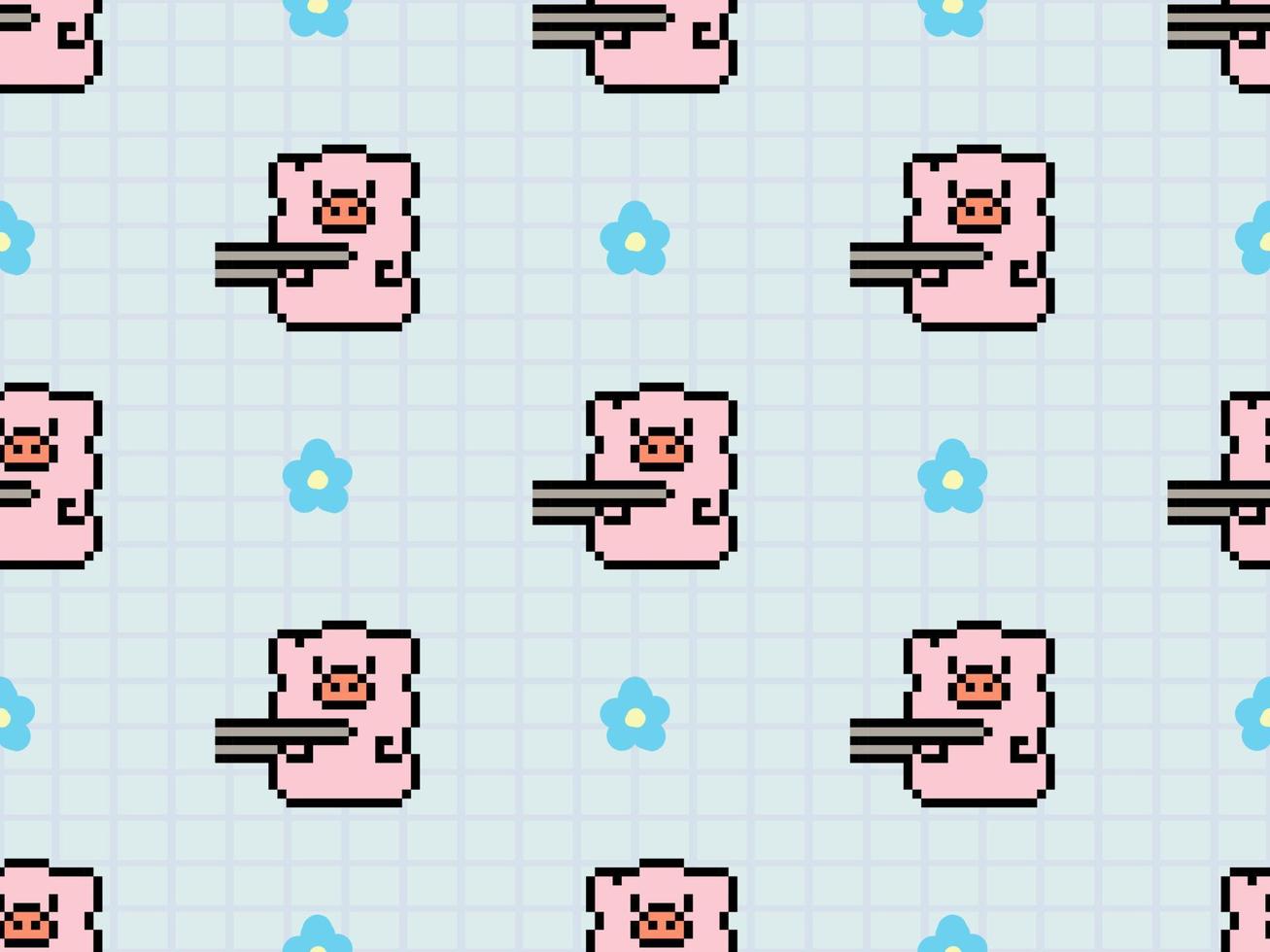 Schwein Zeichentrickfigur nahtloses Muster auf blauem Hintergrund. Pixel-Stil vektor