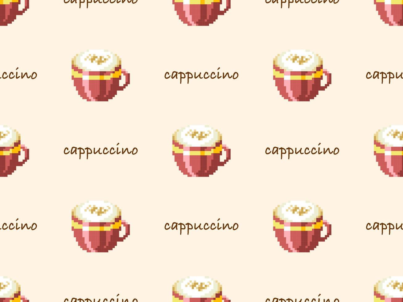 kaffe seriefigur seamless mönster på gul bakgrund. pixel stil vektor