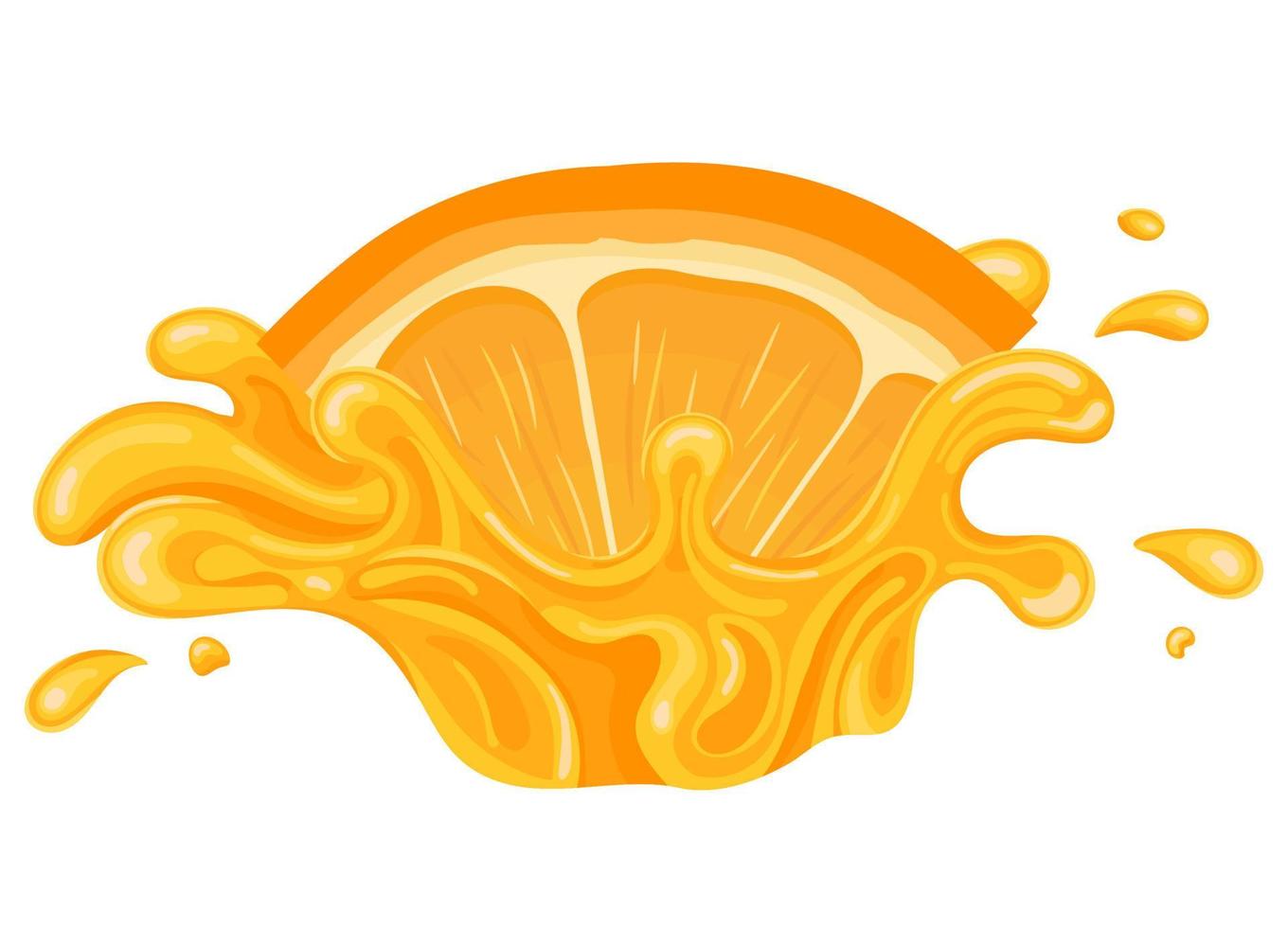 frischer leuchtender Orangen-, Mandarinen- oder Mandarinensaftspritzer platzte isoliert auf weißem Hintergrund. Sommerfruchtsaft. Cartoon-Stil. Vektorillustration für jedes Design. vektor